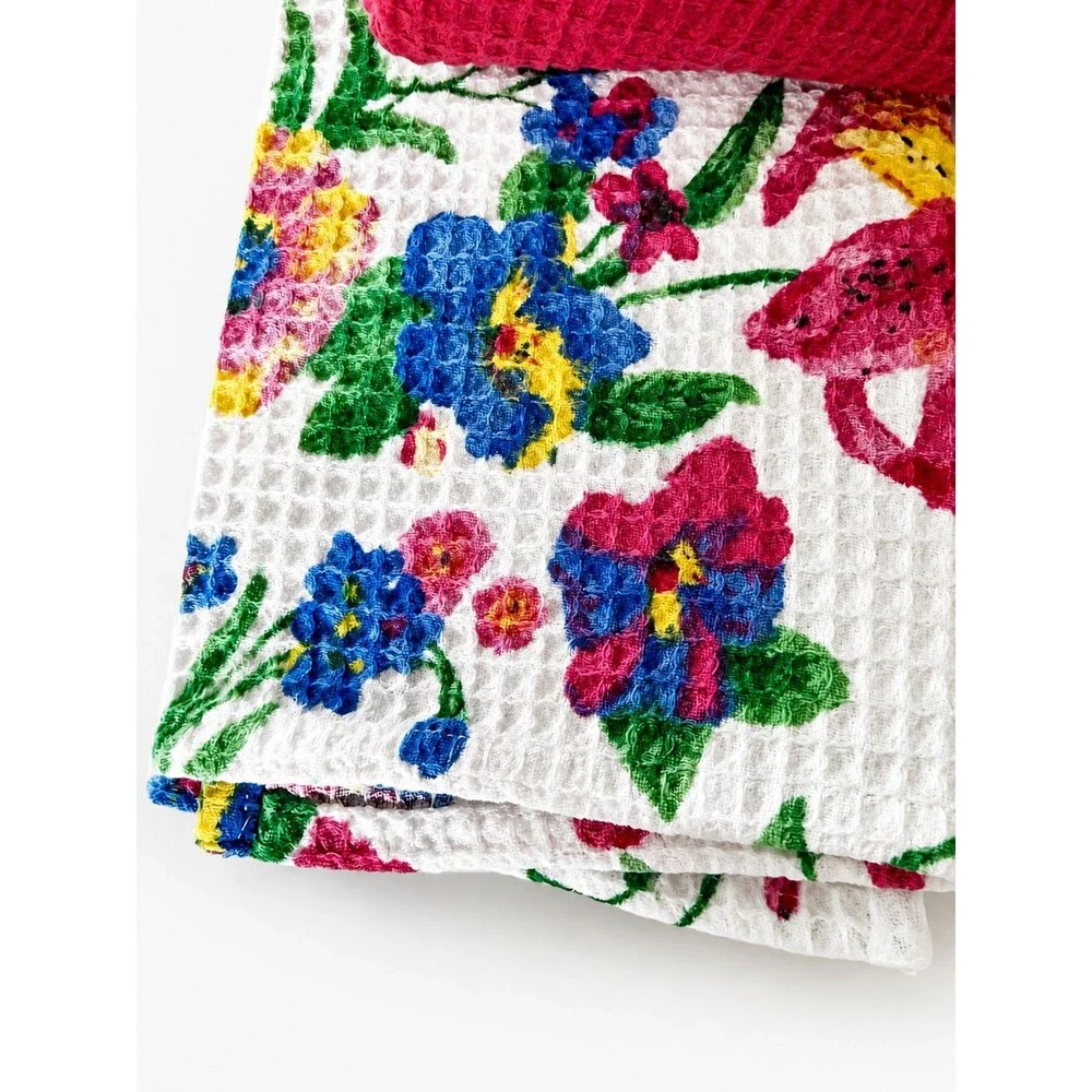 April Cornell Kitchen Dish Towels Set of 3 White Pink Blue Floral Waffle Weave